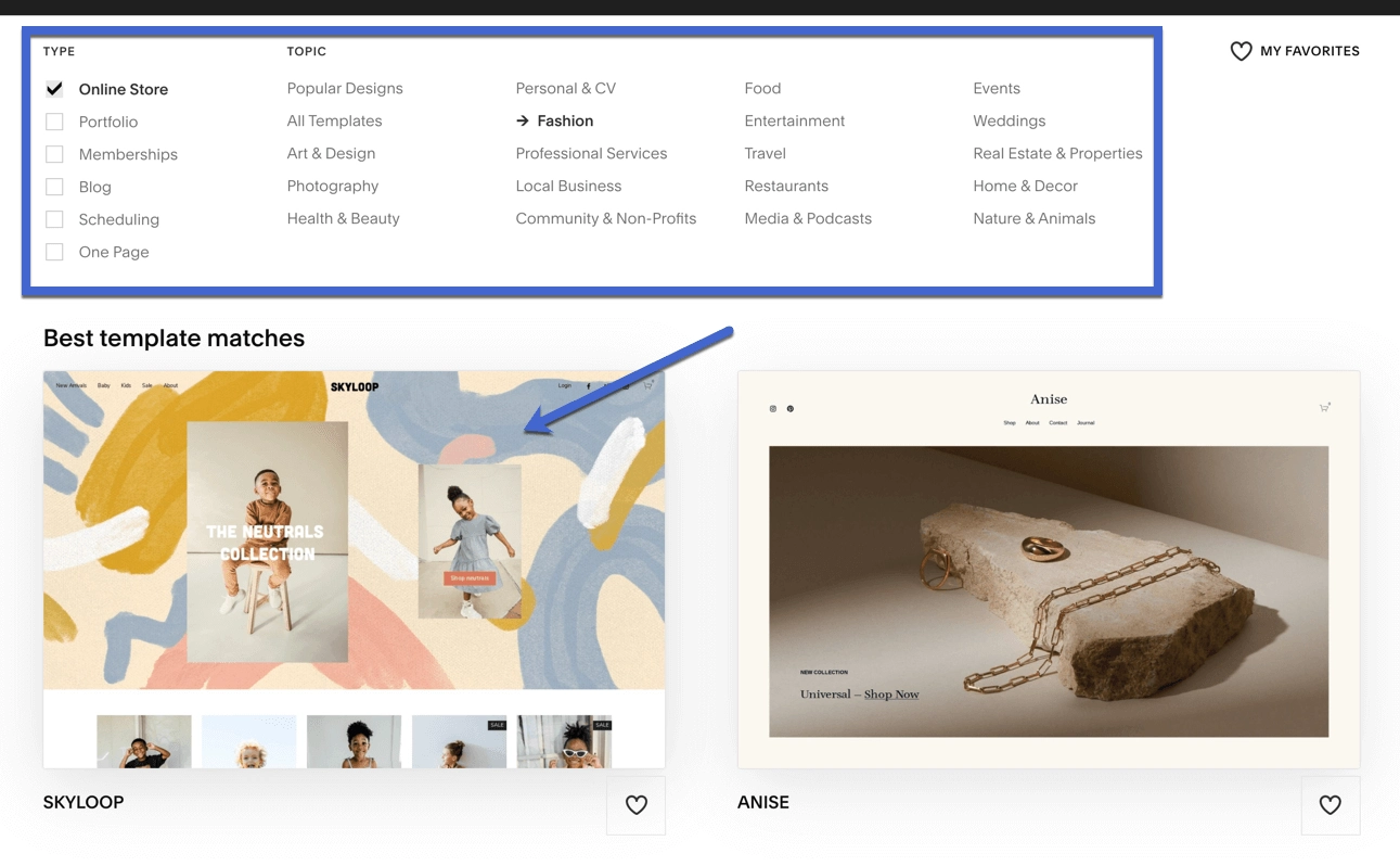 scegli un modello - Recensione Squarespace