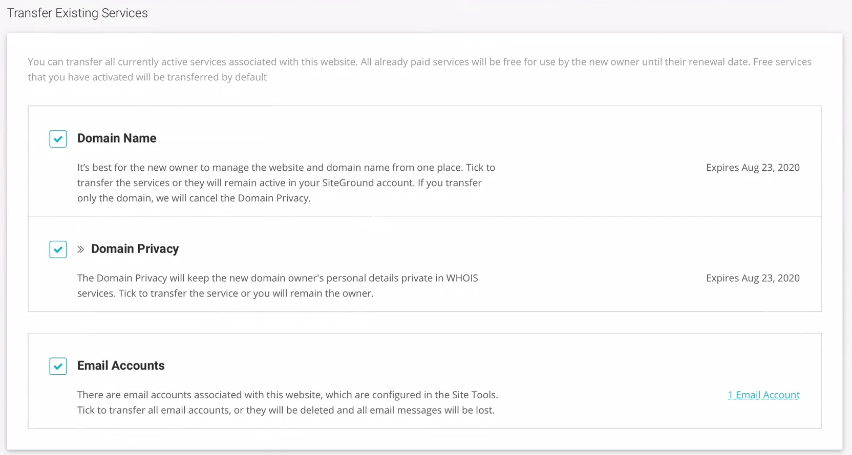 Contoh mentransfer kepemilikan situs dengan paket harga SiteGround, GoGeek.