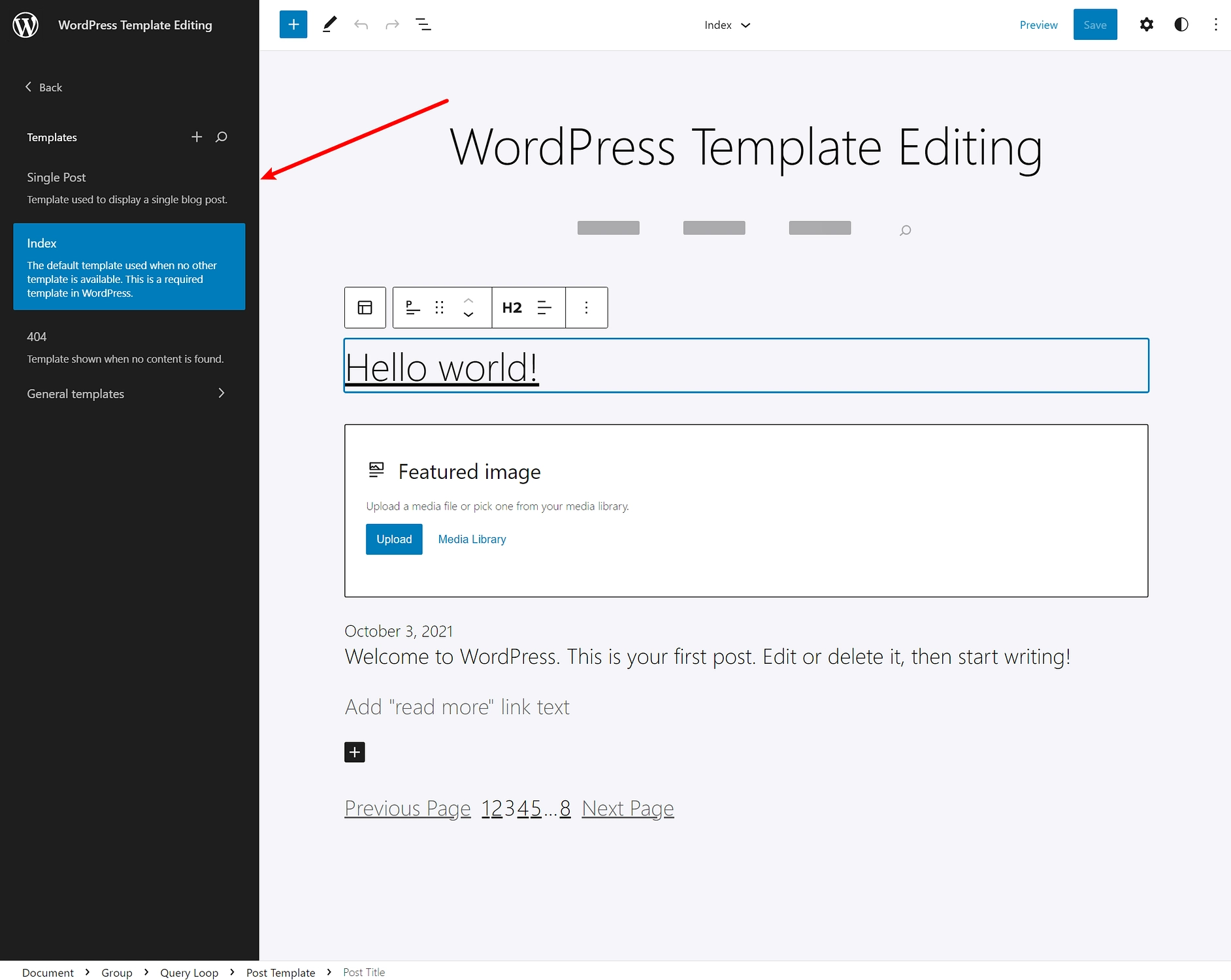 Cambiar entre plantillas en el Editor del sitio de WordPress