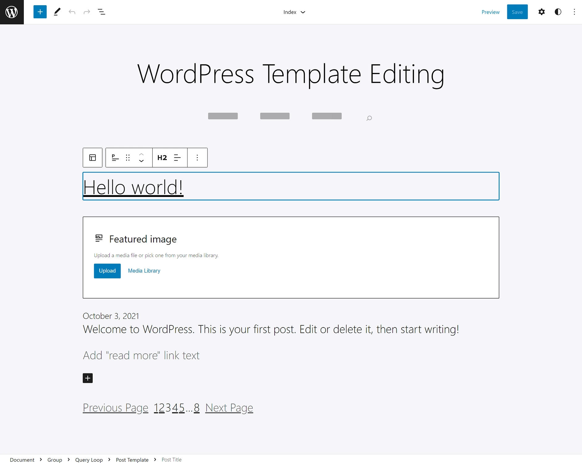 La interfaz del editor de sitios de WordPress