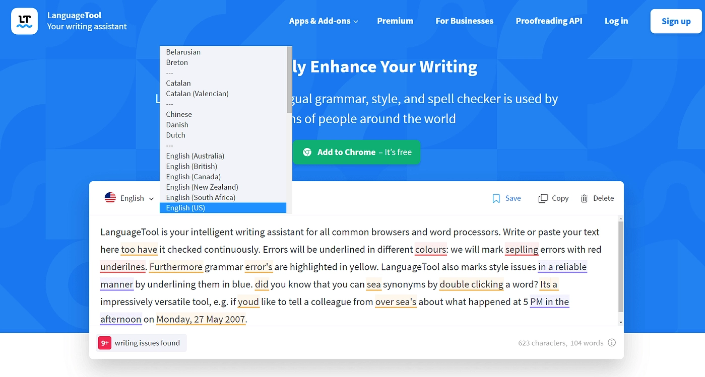 Un exemplu de LanguageTool, una dintre multele alternative Grammarly.