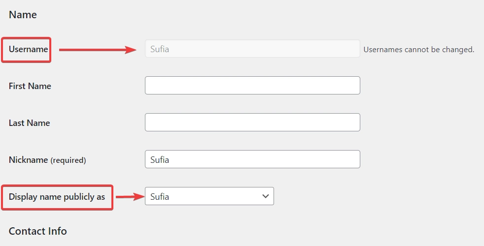 numele de utilizator și numele afișat