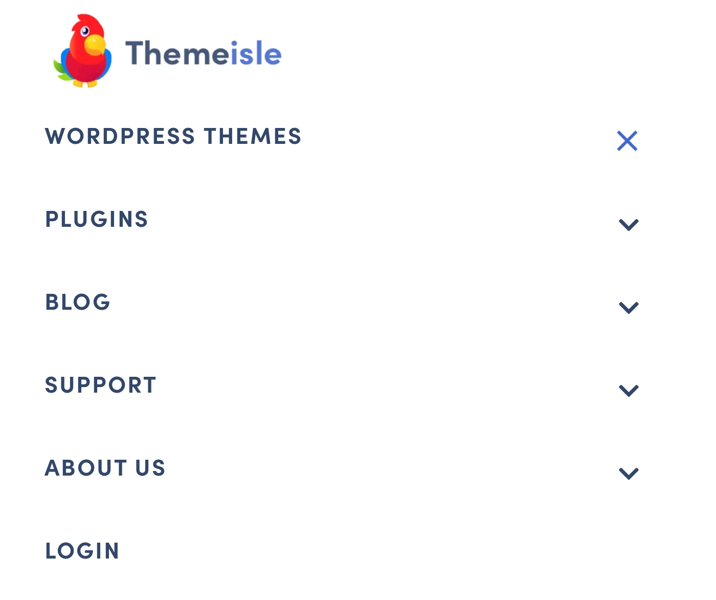 مثال على قائمة ThemeIsle على الهاتف المحمول ، مع مسافات كبيرة ، لتحسين تجربة المستخدم على الأجهزة المحمولة.