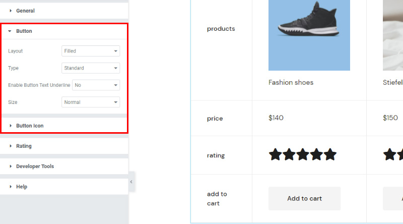 Product comparison button settings