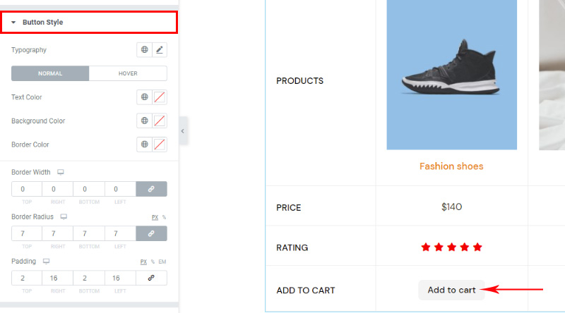 Product comparison button style