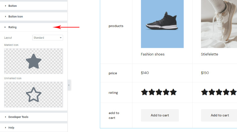 Product comparison rating settings