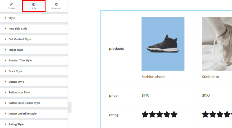 Product comparison rating style