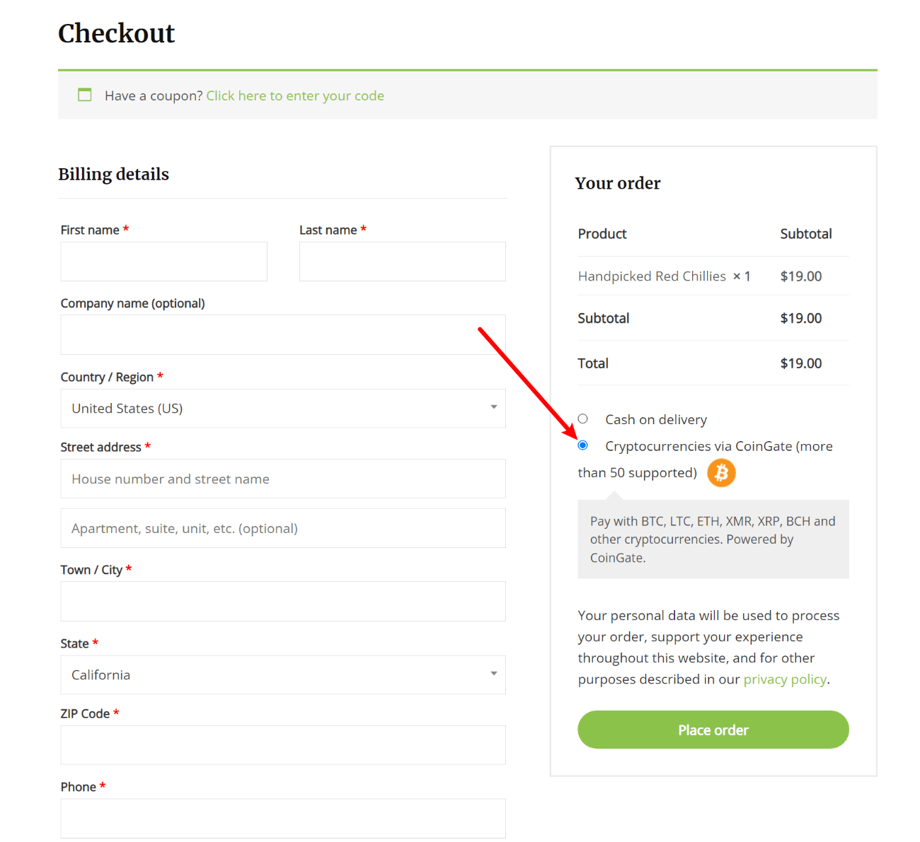 Opzione di criptovaluta sul checkout di WooCommerce