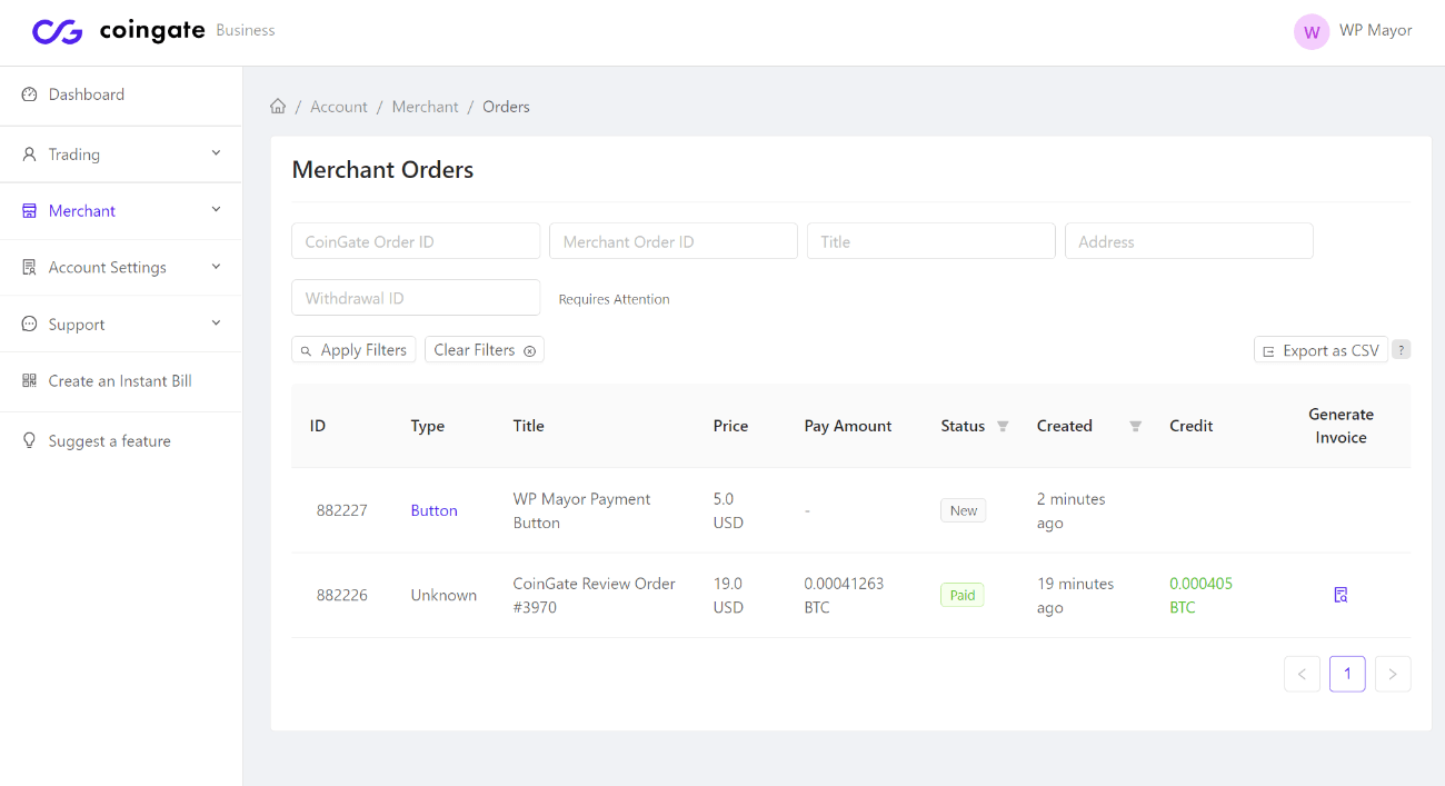 Zahlungsdetails im CoinGate-Dashboard