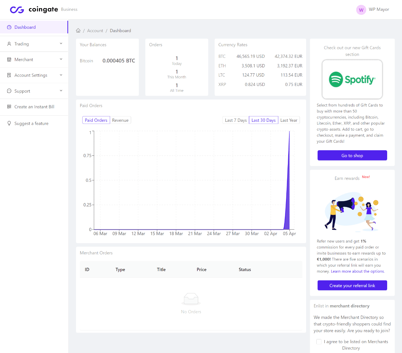 Dashboard di CoinGate