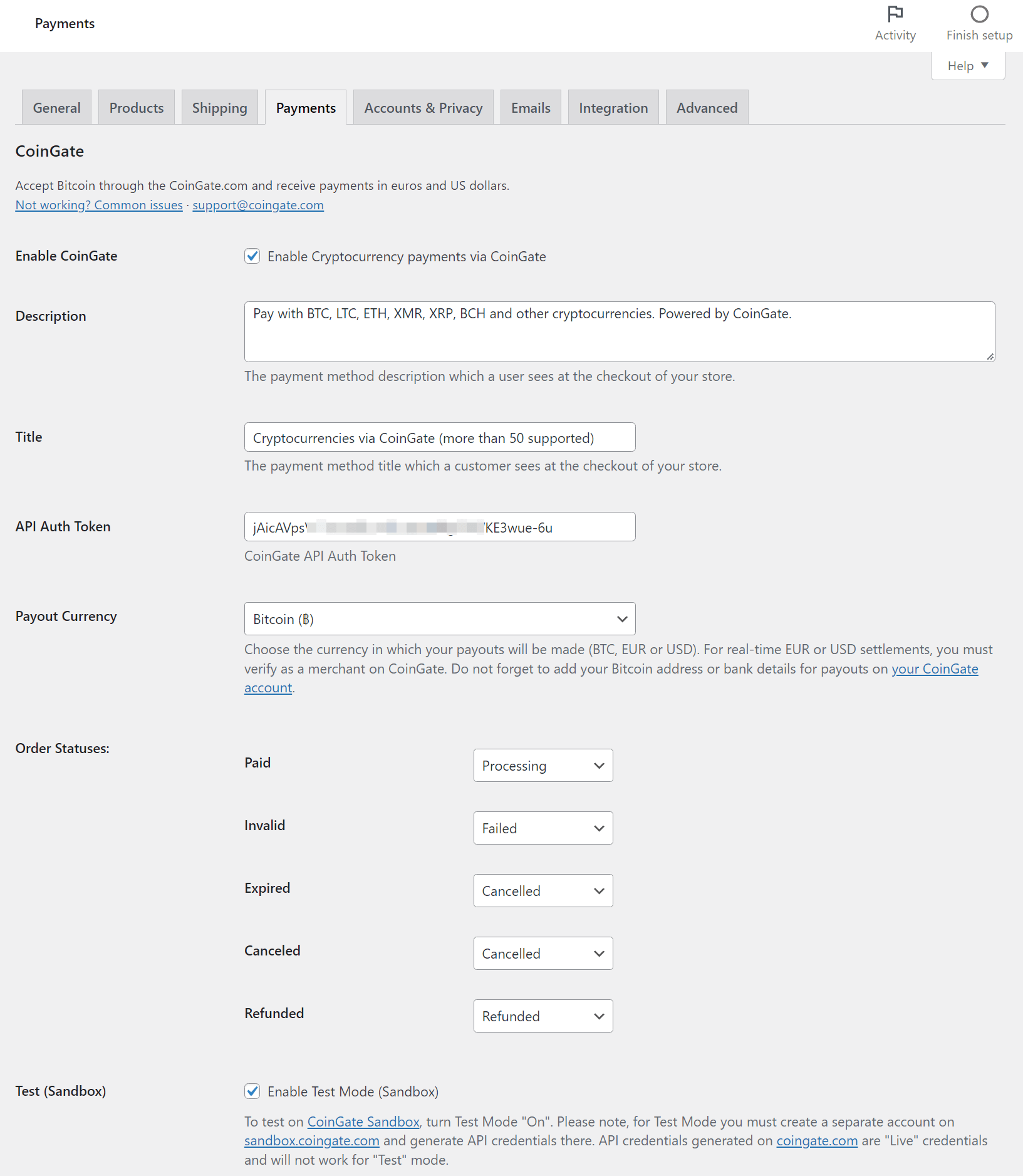 Configurações do plugin CoinGate WordPress