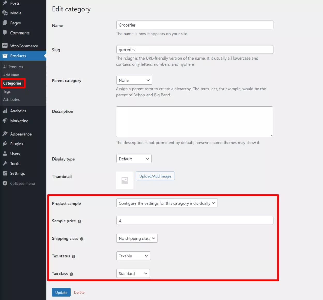 Configuración de muestra para categorías de productos