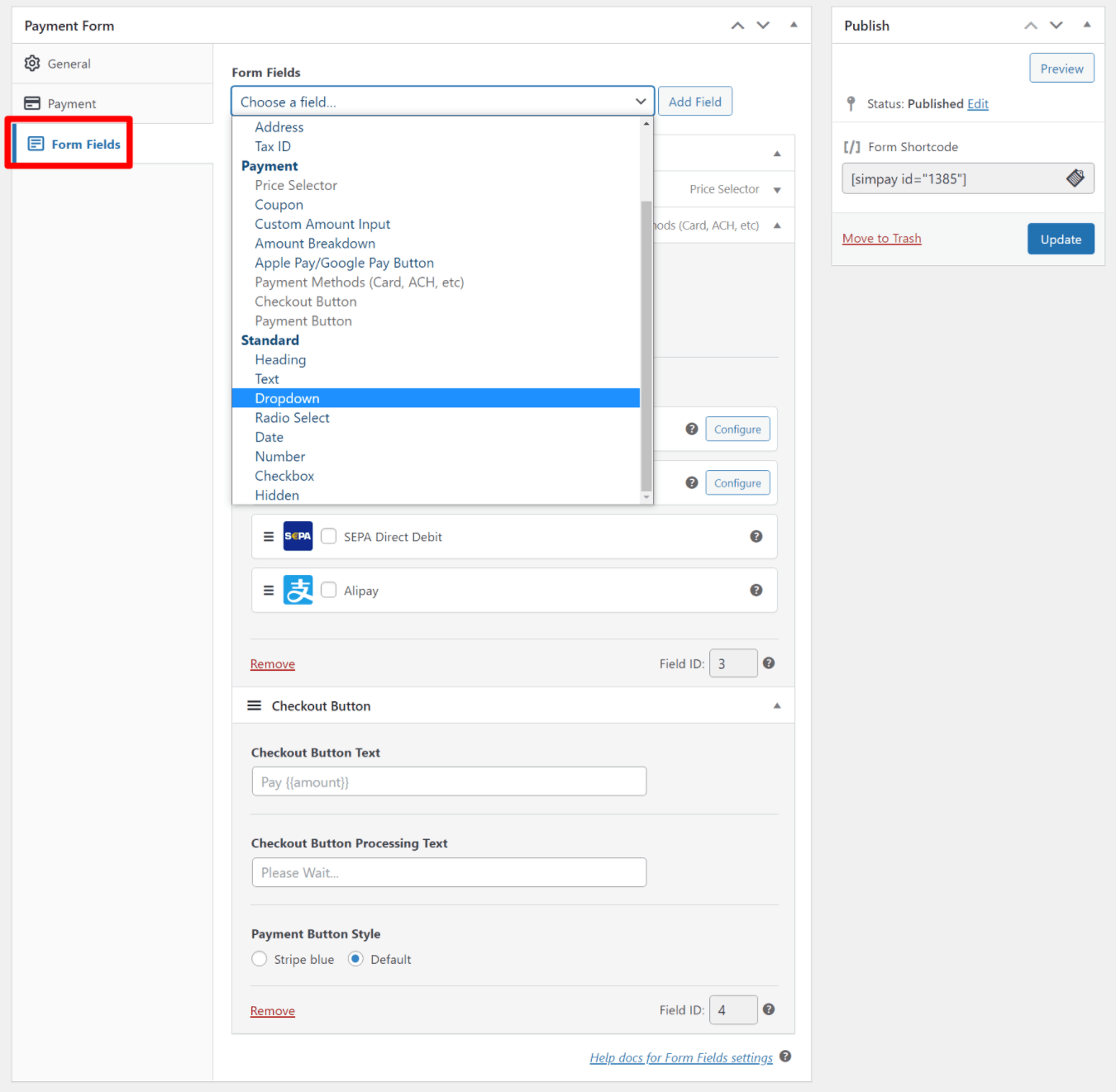 Opções de campo do formulário WP Simple Pay