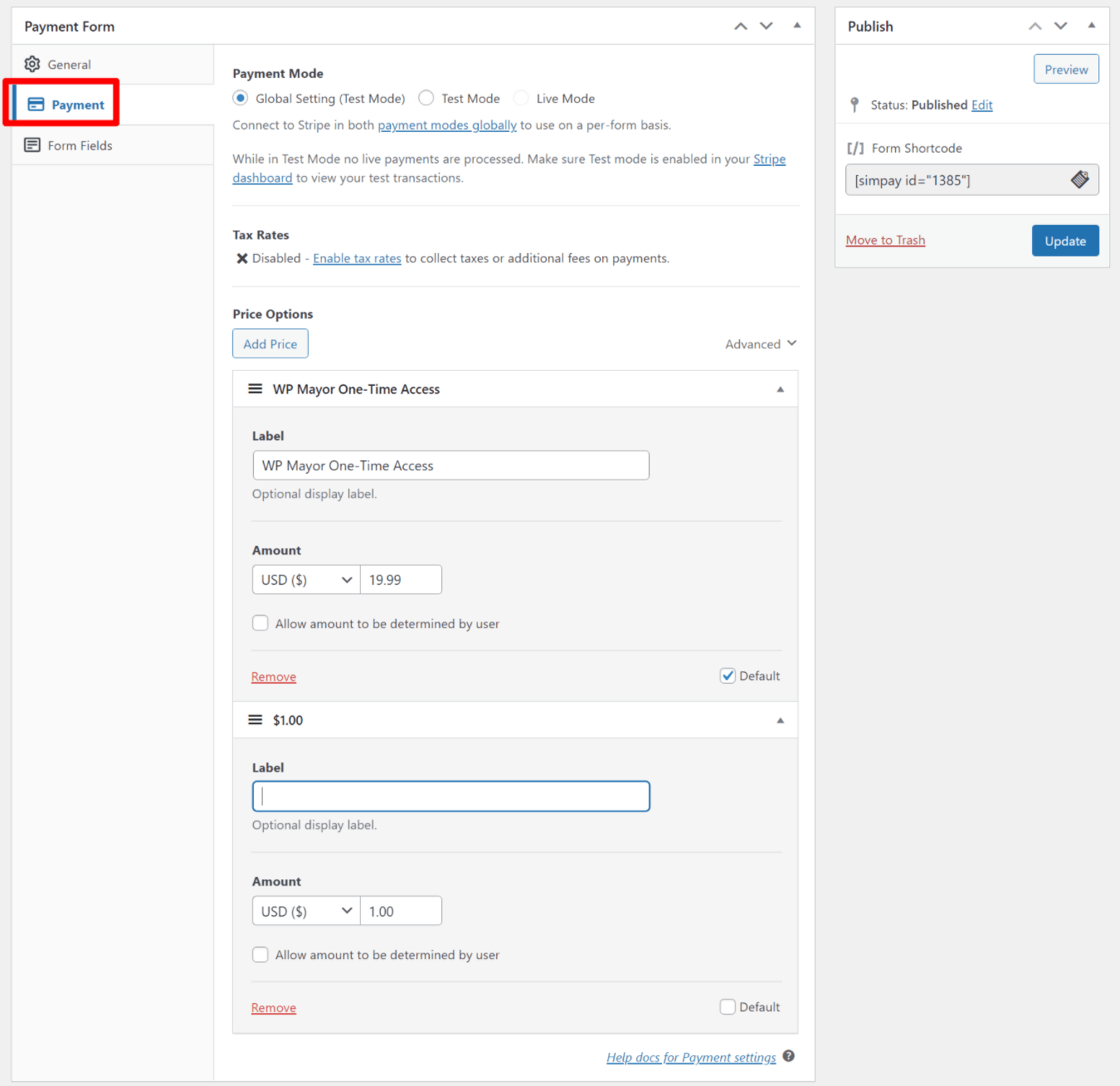 Options de paiement WP Simple Pay