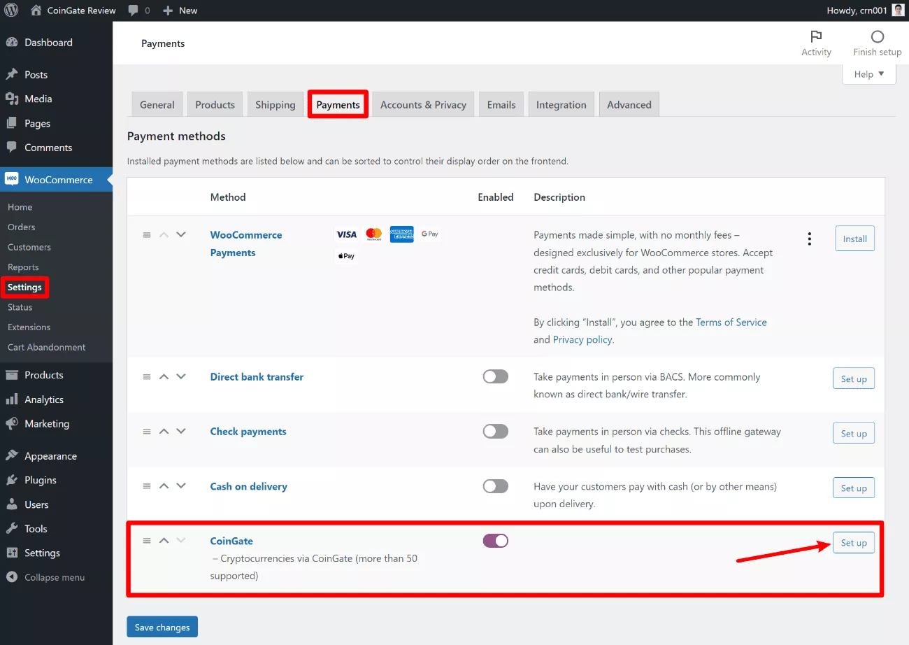 Konfigurieren Sie das CoinGate WooCommerce-Gateway für Kryptozahlungen