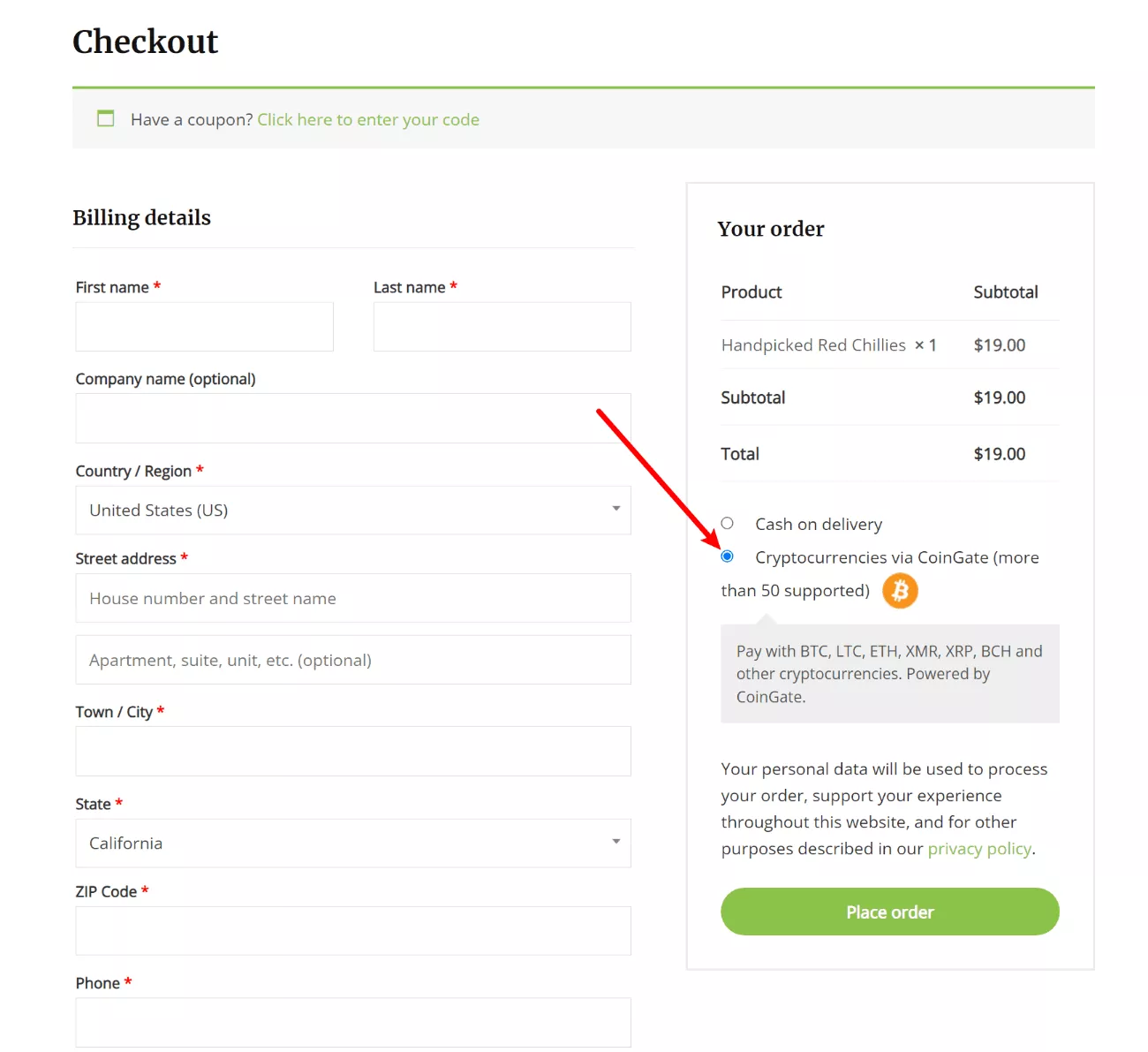 Opção de pagamentos de criptografia WooCommerce no checkout