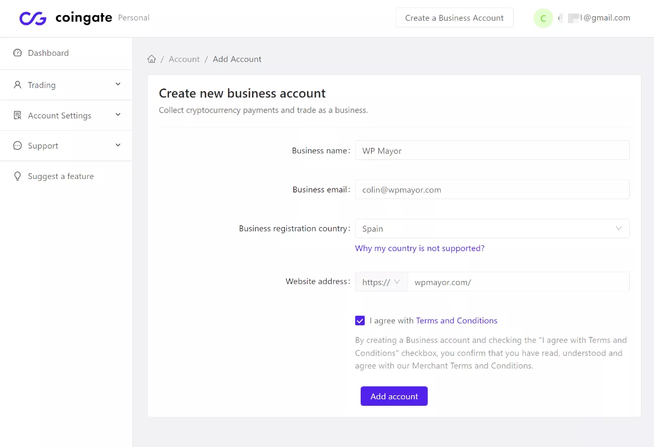 สร้างบัญชีธุรกิจ CoinGate เพื่อยอมรับการชำระเงินด้วย crypto ของ WordPress และ woocommerce