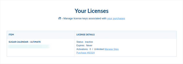 Sugar Calendar administrar licencias