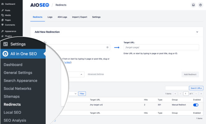 Complemento de redirección 301 de WordPress AIOSEO