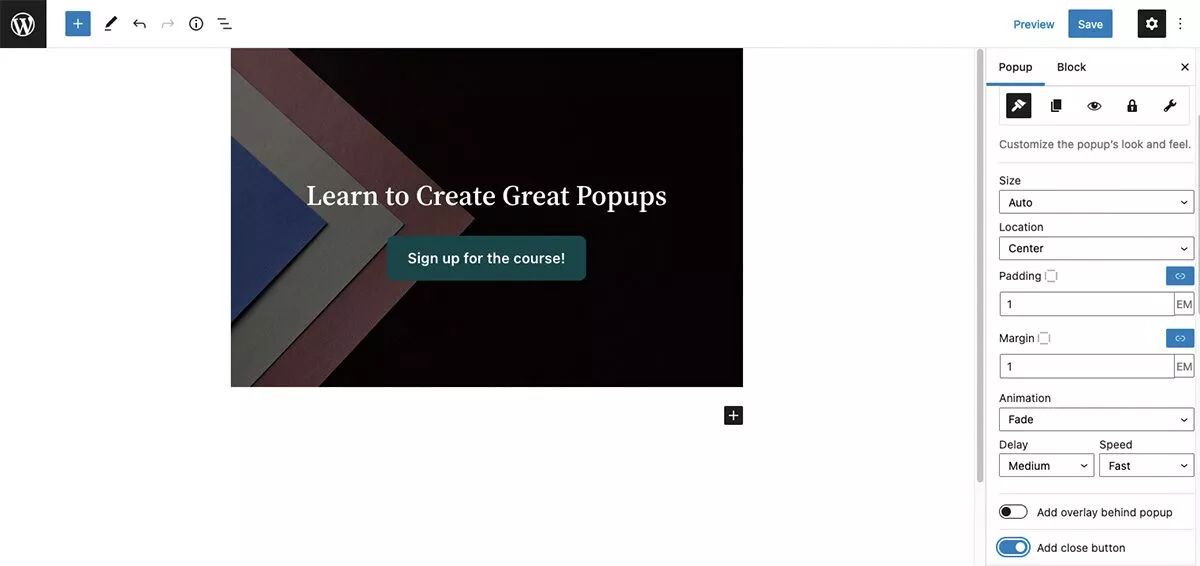 Éditeur de blocs WordPress avec popup créé