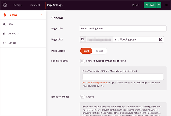 Configuración de la página de producción de semillas