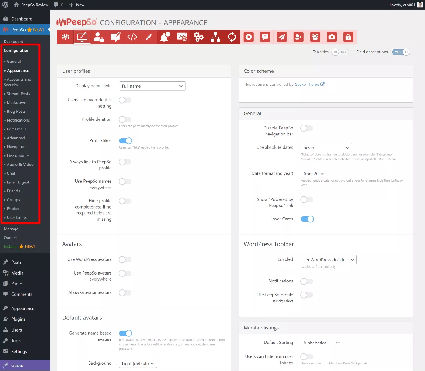 Ajustes de configuración de PeepSo