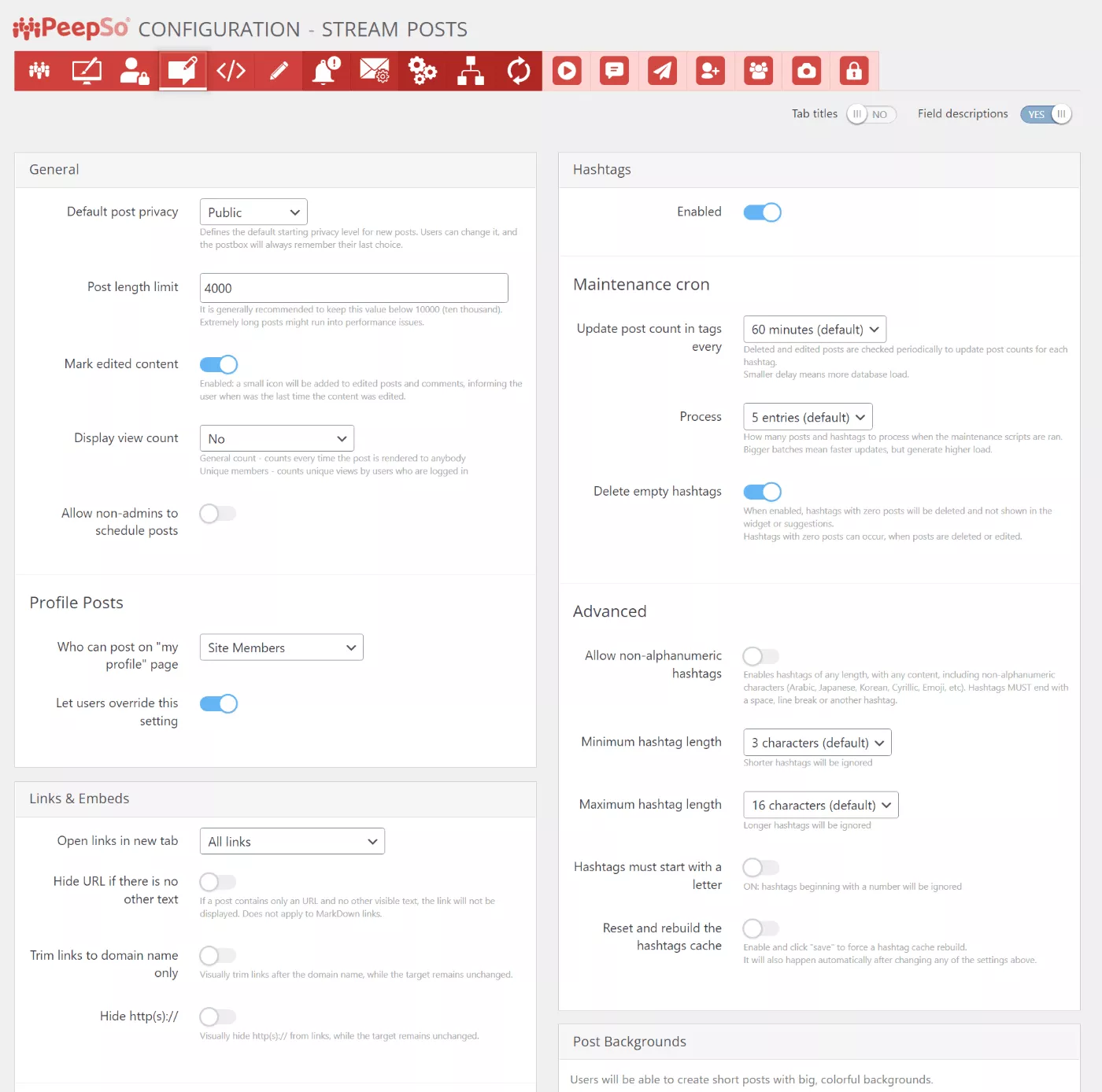 Configurações de postagens de fluxo