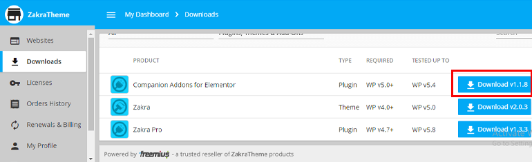 Elementor用のコンパニオンアドオンをダウンロード