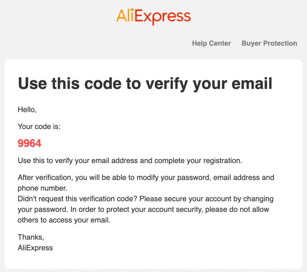 Email di verifica AliExpress