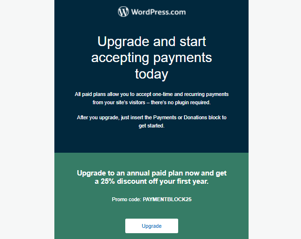 E-mail de oferta especial do WordPress.com.