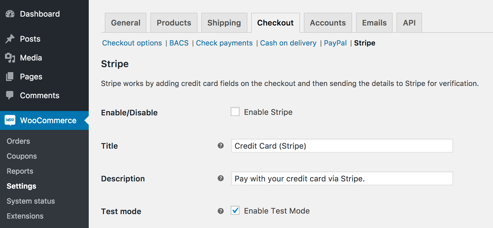 Configurações do Woocommerce Stripe para WordPress