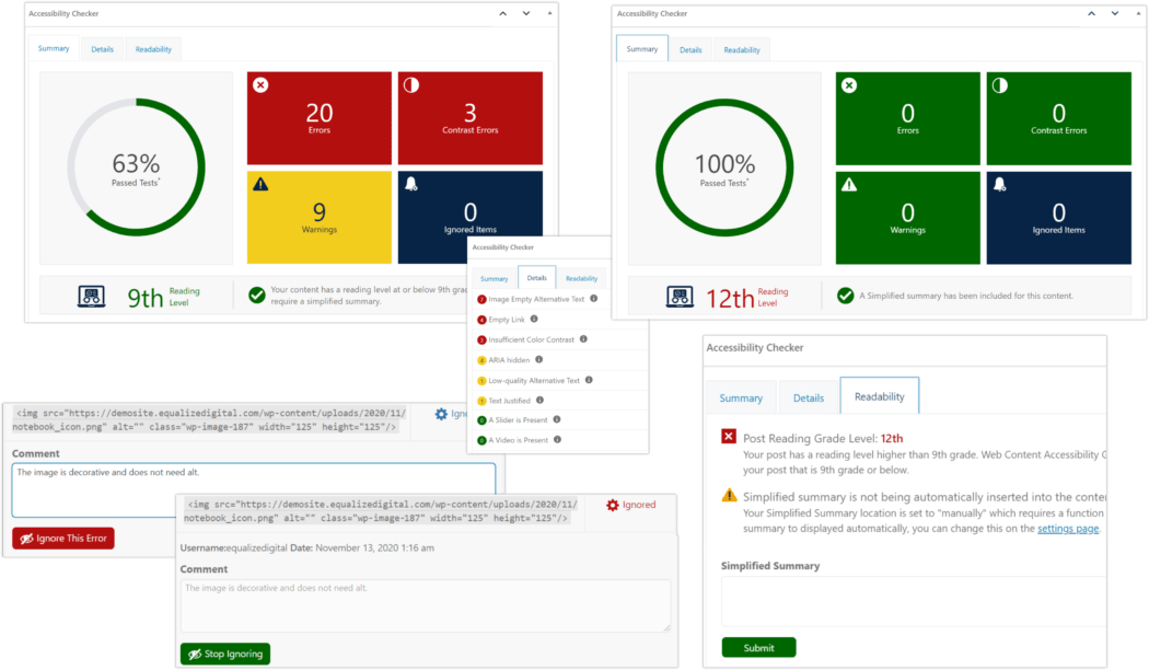 Capturas de pantalla del Comprobador de accesibilidad.