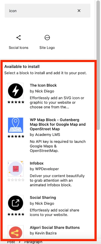 Captura de pantalla que muestra los bloques de iconos que se pueden agregar a Gutenberg en WordPress