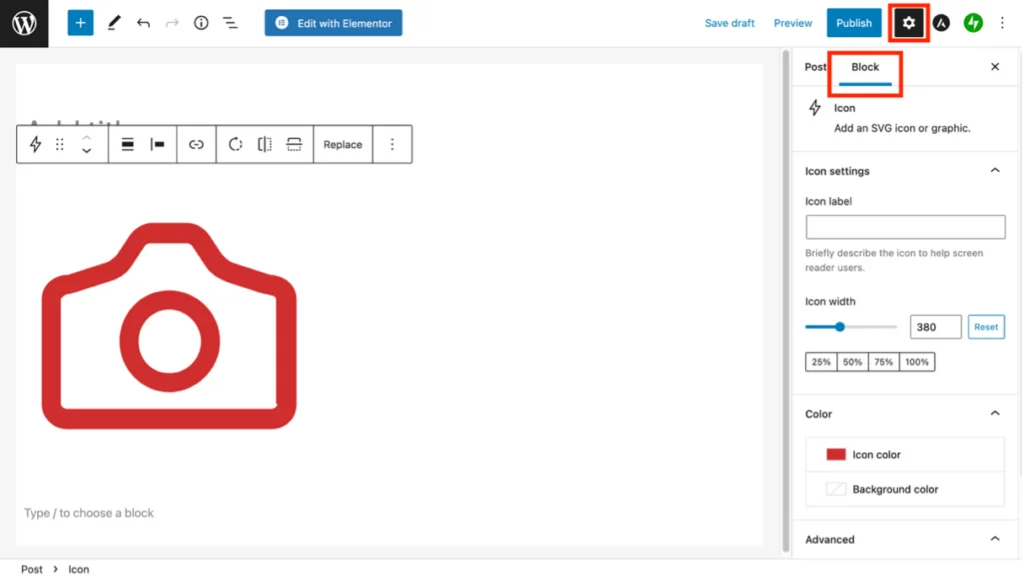 Tangkapan layar yang menunjukkan ikon kamera yang disematkan ke dalam posting WordPress menggunakan Gutenberg, dengan lokasi opsi penyesuaian