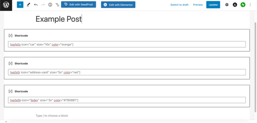 Capture d'écran des codes abrégés d'icônes dans un exemple de publication WordPress utilisant le plugin WP Font Awesome