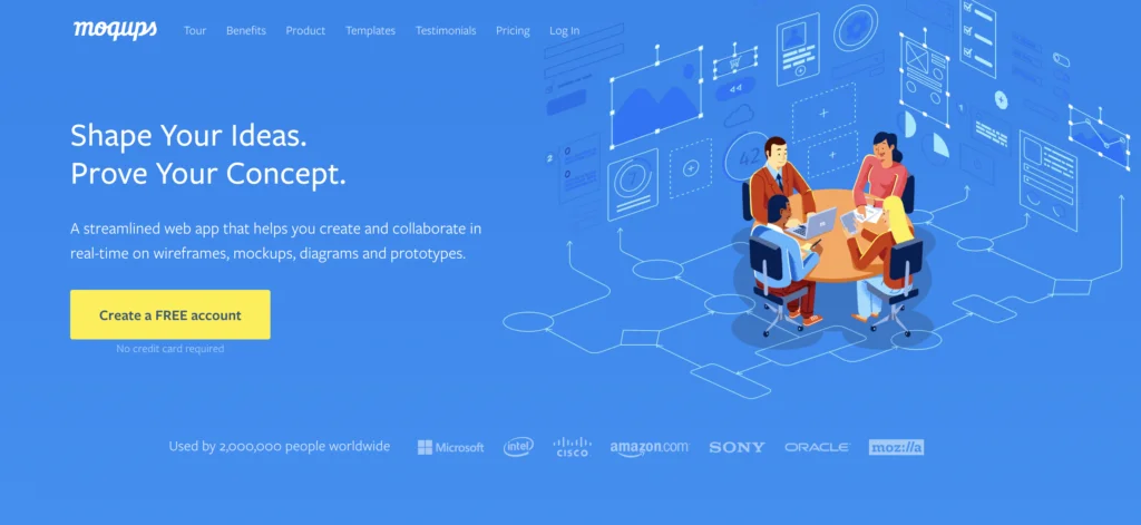 Screenshot der Homepage des Wireframing-Tools von Moqups