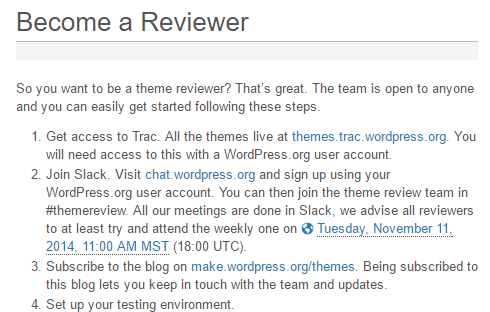 Screenshot del processo per entrare a far parte del team di revisione dei temi di WordPress.org