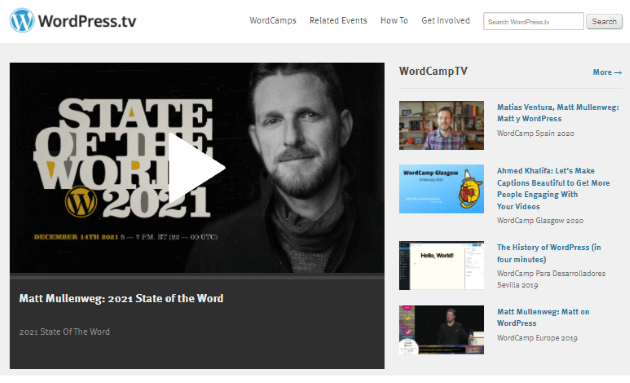 Screenshot der Startseite von WordPress.tv