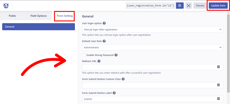 Establecer la configuración general del formulario