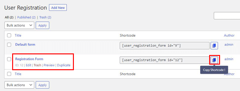 Copiați formularul de înregistrare Shortcode