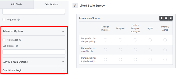 Likert Ölçekli Sorular Oluşturmak için Gelişmiş Seçenek