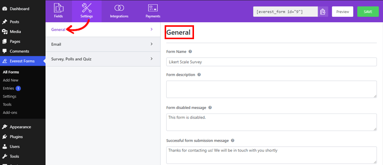 Setări generale Formular de sondaj la scară Likert