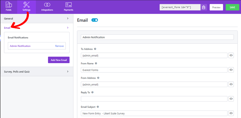 Configuración de correo electrónico Formulario de encuesta de escala Likert