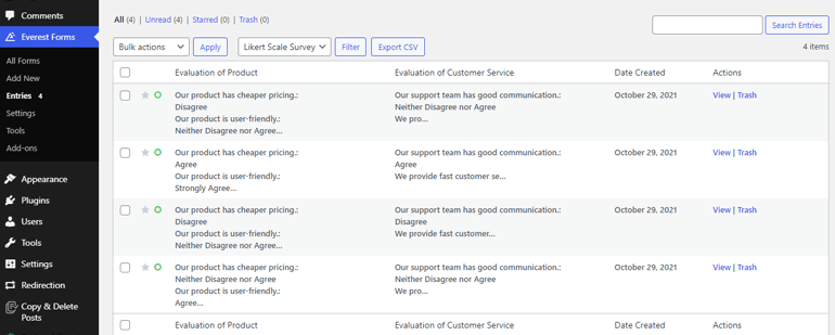 Exportar formularios de encuesta de escala Likert como CSV