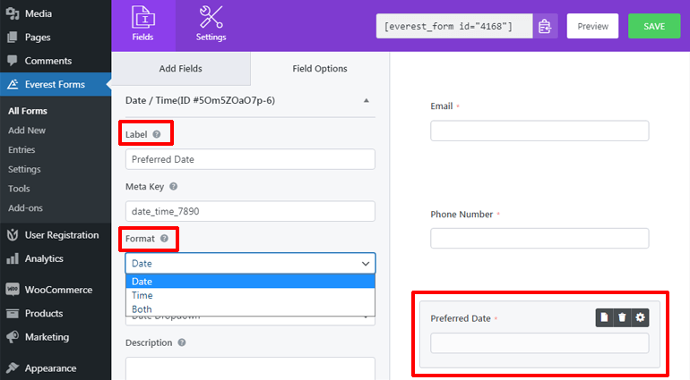 날짜 시간 선택 캘린더로 날짜 WordPress 양식의 레이블 및 형식 편집