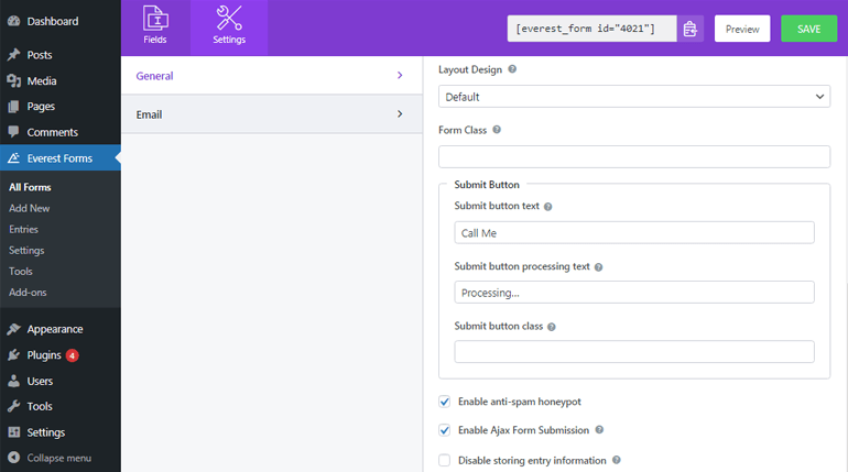 Configuración del botón de envío