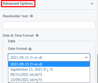 Opción avanzada de configuración de fecha y hora Formulario de contacto de WordPress con selector de fecha y hora