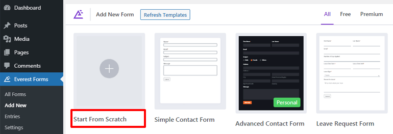 Opțiunea Porniți de la zero Creați un formular de contact WordPress cu selector de date și oră