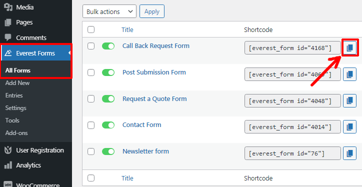 Copia dello shortcode del modulo con il calendario di selezione della data e dell'ora