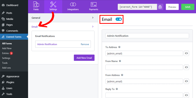 Opção de configuração de e-mail